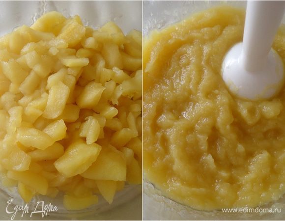 Яблоки очистить от кожуры, удалить сердцевину, нарезать на кусочки.
Сложить в емкость, добавить ликер и 3 ст.л. сахара, тушить до готовности яблок. Пюрировать блендером.
