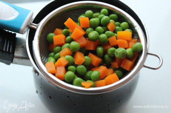 Морковь нарезать мелким кубиком. Сварить вместе с горошком в подсоленной воде в течение 5 минут. Кипяток слить, обдать овощи холодной водой и откинуть на сито.