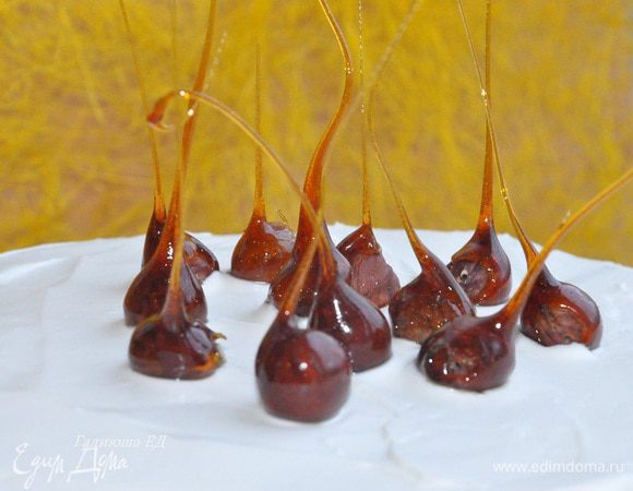 Карамельные украшения:
Наколоть фундук на зубочистки. Разогрейте  в кастрюльке на сильном огне сахар с водой, пусть сахар раствориться, сварить сахарный сироп янтарного цвета, постоянно помешивая. Снять сироп с огня и поставить в холодное место. Я сразу отнесла на балкон и там же проделывала процедуру. Дать ему немного остыть и загустеть. Здесь важно, уловить момент и дождаться того времени, чтобы карамель стала слегка тягучей, но не успела застыть полностью.  Выстелить пергаментом рабочую поверхность.