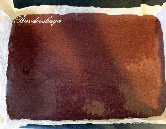 Жаропрочную форму (размером 35 на 25 см ) застелить пергаментом  и вылить на него тесто, разровнять.  Поставить в разогретую до 220 градусов духовку на 8-10 минут.