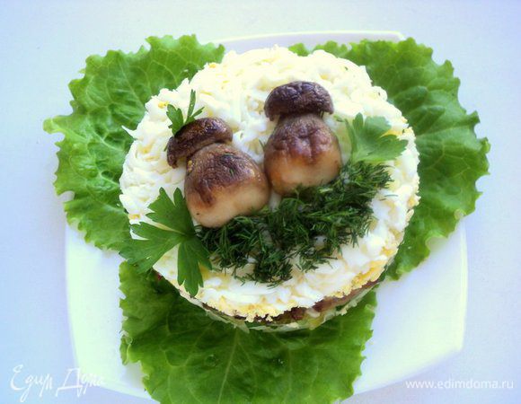 Снять кольцо. Украсить салат половинками белого гриба, укропом и петрушкой. Приятного аппетита!