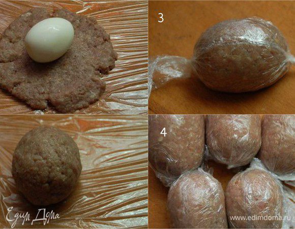 В фарш ( у меня был смешанный: говядина + свинина, а также лук, яйцо, соль, перец) добавить кориандр.  Яйца по-шотландски проще делать в ладошках, но мне было неудобно фотографировать.   Итак, отщипнуть от общего кол-ва фарш 1/5 часть, сформировать из неё круглую лепешку. Внутрь поместить яйцо.  Слепить в руках продолговатую котлету, обернуть в пищевую пленку и на пол часа поместить в холодильник. 
