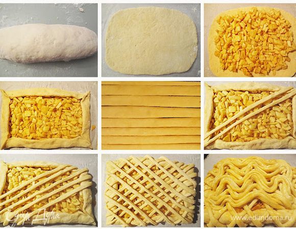 Дрожжи раскрошить, добавить теплое молоко, 2 столовые ложки сахара и 100 грамм муки, перемешать, накрыть и оставить в теплом месте на пол часа.
Муку просеять, сделать углубление, налить масло, разбить яйцо, добавить соль и опару. Замесить тесто. Накрыть и оставить в теплом месте на 1 час.
Как только тесто будет готово, разделить его на 2 части.
Из одной части раскатать лепешку прямоугольной формы.
Заранее подготовить начинку (в моем случае это опять яблоки, так как это любимая начинка мужа) Яблоки очистить от кожуры, порезать на кусочки, посыпать сахаром, сбрызнуть лимонным соком и перемешать.
Собрать края лепешки ( как показано на фото), залепить уголки.
Из второй части теста раскатать тонкую лепешку и нарезать полоски (2-3 мм шириной)
Выкладываем полоски по диагонали. Сначала с одной стороны, затем с другой.
Из оставшихся полосок делаем "волны" По три полоски вместе  выкладываем на поверхность пирога.
Взбитым яйцом смазываем пирог и оставляем на 40 минут.
Выпекаем при температуре 190-200 градусов 30-40 минут.