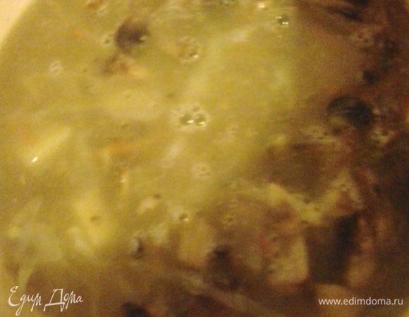 Обжаренные грибы и овощи добавляем в суп и варим еще 5 минут.