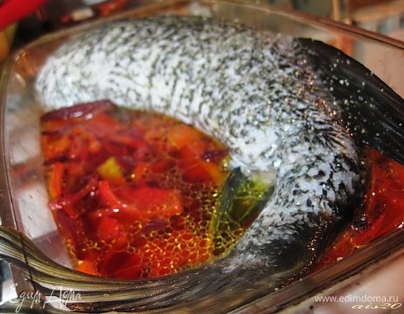 В форму для запекания выложить овощи, сверху уложить нафаршированную щуку и влить около стакана горячей кипяченой воды.