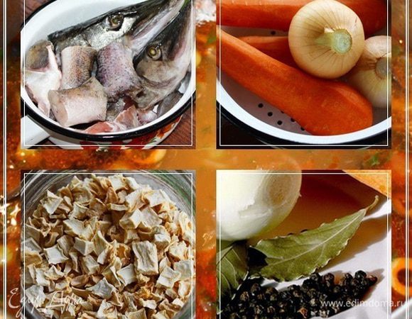 Для бульона мы взяли то, что с лета от всяких рыбных приготовлений остается. Так сказать – супово-бульонный набор. Головы, плавники, хвосты и охвостья. От всяких рыб. В основном – от судаков и щук из нашего пруда. Летом вот рыбу съели, а это все лежало себе, часа ждало. Дождалось.
А чтобы бульон получился духовитым и вкусным, приготовлены вот такие добавки. Пара луковок, чистить не надо, морковка – эту лучше почистить, сушеные коренья (там петрушка, сельдерей…), пара лаврушек и перцев набор – в горошках.
Да,…, сразу замечу – про соль забудьте. В сторону соли до самого окончания солянкотворчества даже не смотрим. Если понадобится, то только тогда.
И вода, конечно. Желательно колодезная. 