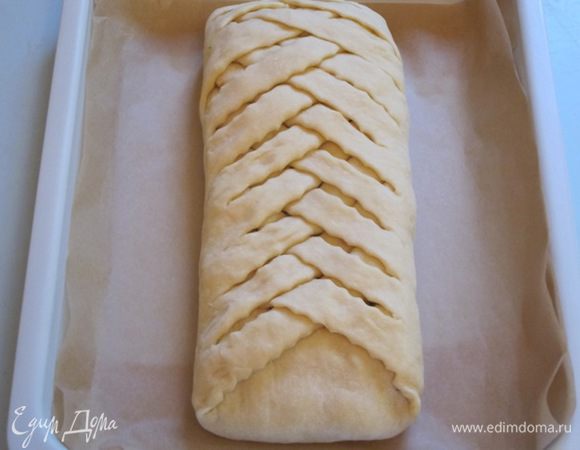 Поставить пирог на расстойку на 30 минут. Смазать пирог слегка взбитым желтком.