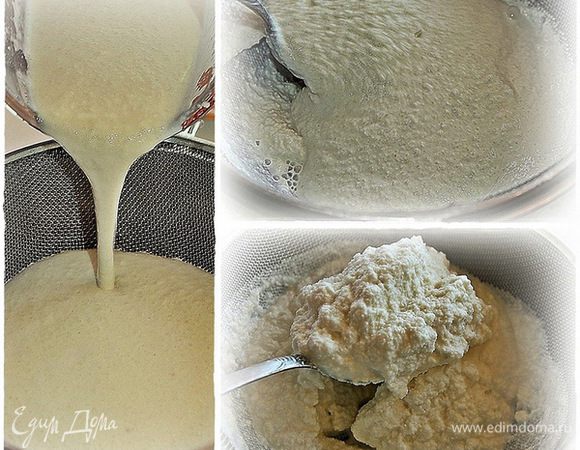 А потом. Потом массу, что получилась, выкладываем в ситечко и всю жидкость практически отжимаем из молото-орехово-миндальной массы.