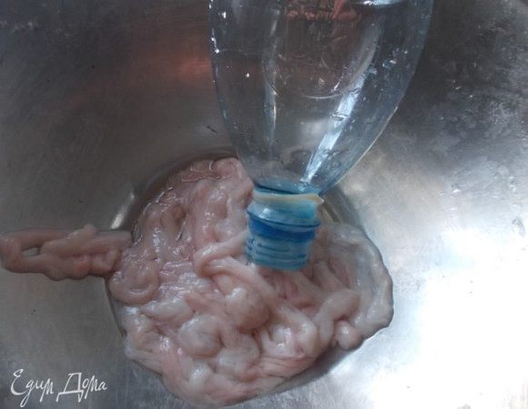 Почистить кишки (около 3 метров), для этого нужно, предварительно замочить в подсоленной воде на ночь, затем с помощью ножа вычистить. Хорошо помыть и с помощью воды в кране, проверить целостность кишок, чтобы не было дырочек. Второй вариант, это заказать набор в интернете. Наполнять кишки лучше через обрезанную бутылку.