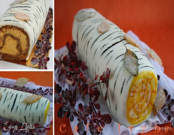 Руками выгладить мастику.
Пищевой краской нанести полосочки.
Листики березы и веточки барбариса вымыть подсушить, смазать белком, посыпать сахаром.
Выложить вокруг рулета (это у меня фантазия разыгралась).