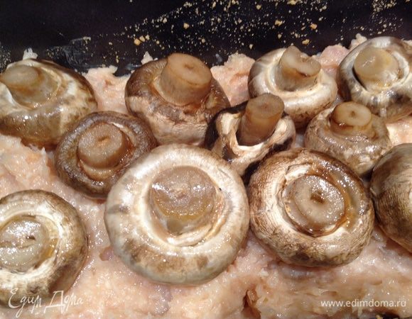 В форму выложить 1/2 фарша + грибы + 1/2 фарша