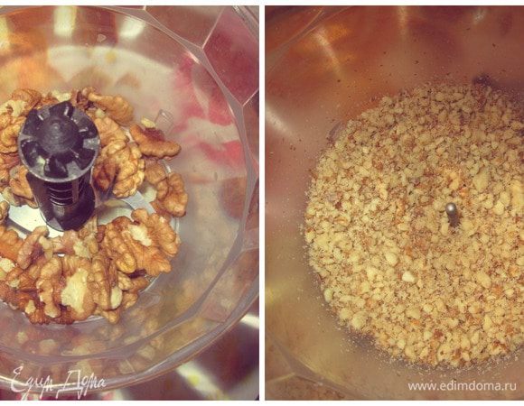 Делаем начинку.
Грецкие орехи измельчить. 
Или миндаль.