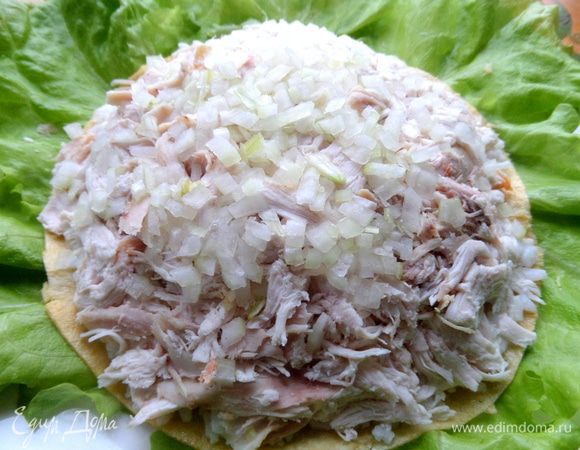 Лук очень мелко нарезать и приложить сверху.