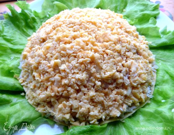 Сверху растрёпанный на кусочки омлет.