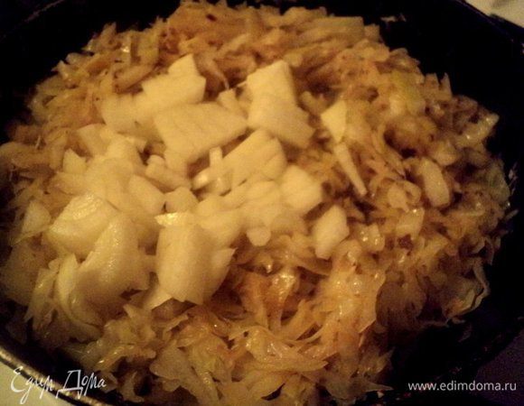 Начинка из капусты: капусту мелко нашинковать и припустить на растительном масле до мягкости. В конце добавить мелко нарезанный лук, тушить все вместе 5-7 минут. Добавить сахар, кориандр, соль и перец по вкусу, перемешать. Охладить.