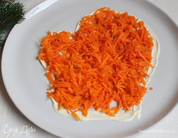 Выкладываем нашу морковь. Не заходим за контур. Сверху делаем сеточку из майонеза.