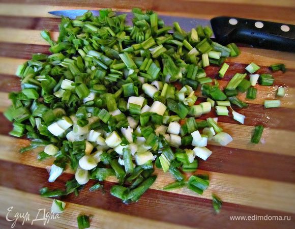 Далее - моем, обсушиваем и нарезаем мелко зелёный лук. Выкладываем следующим слоем, слегка подсаливаем и смазываем майонезом.