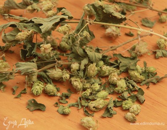 В рецепте Е.Молоховец хмель для дрожжей нужен свежий. Сейчас зима, поэтому берём хмель сушёный (я заготавливала хмель летом, если вы не столь запасливы, то можно шишечки хмеля купить в аптеке))) 