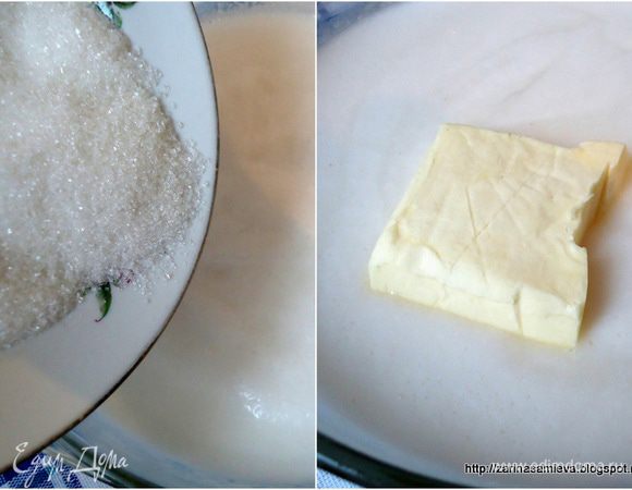 Кокосовую кашицу снять с огня, добавить сахар и масло. Перемешать, остудить до теплого состояния.