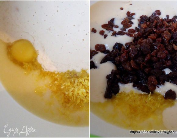 В другой чаше смешать яйца, лимонную цедру, соль,масло, предварительно замоченные изюм и чернослив (чернослив  порезать на кусочки). В конце добавить чуть остывшую кокосовую кашицу.
