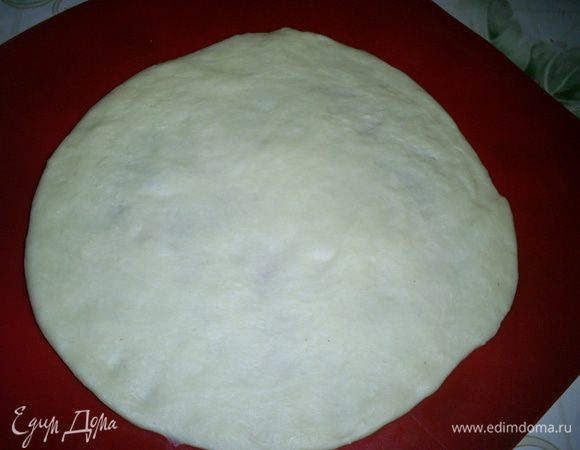 Когда тесто подойдет, вынимаем его, немного обминаем и делим на 8 равных частей. Каждую часть раскатываем в круглую тонкую лепешку.