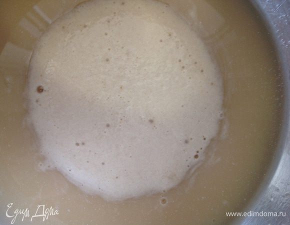 В миске смешать теплую воду, мед (или сахар 1 ст.л.), дрожжи и оставить на 10-15 минут или пока дрожжи не начнут пускать пузыри. 