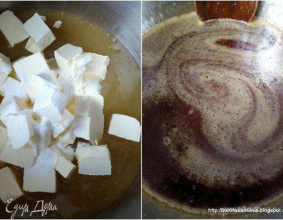 В отдельной кастрюле смешать мед, масло и соду. Поставить на средний огонь, помешивая растопить. Масса начнет пениться и увеличиваться в объеме. Продолжая помешивать довести смесь до карамельного цвета (я чуть передержала, на вкусе это не отразилось).