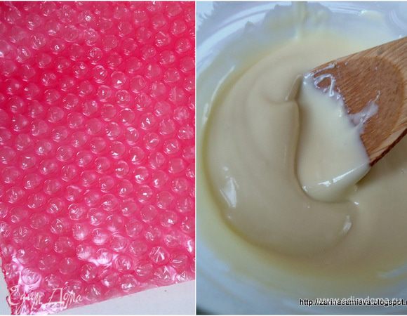 Декор для торта: (Спасибо за идею Веселовой Надежде) Подготовить пузырчатую упаковочную пленку. Шоколад растопить на водяной бане.