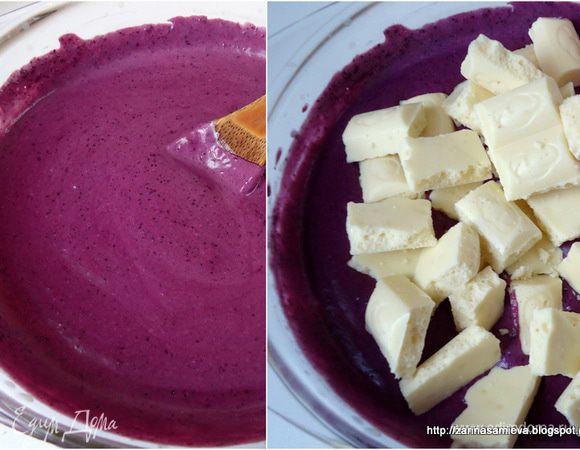 Поставить крем на огонь и заварить при постоянном помешивании. Масса должна стать густой и гладкой. Снять заварной крем с огня и ввести заранее поломанный шоколад. Перемешать до полного объединения.