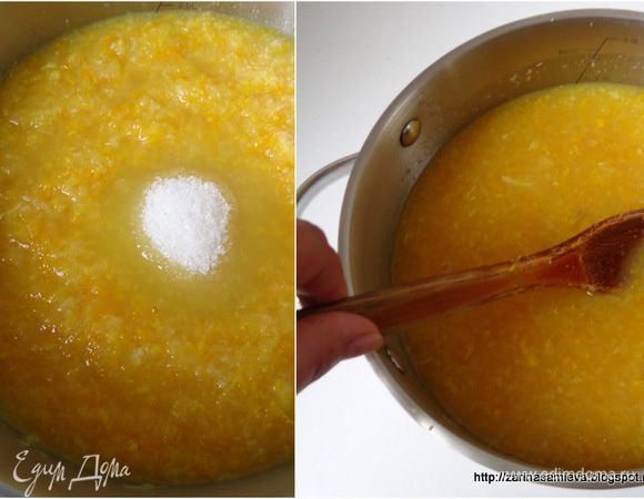 По истечении 30 минут кастрюлю снять с огня. Удалить марлю с косточками. Измерить количество отвара. Добавить сахар 1:1. В моем случае вышло 1190 мл отвара, столько же я добавила сахара. Поставить смесь опять на огонь, дать закипеть. Огонь немного убрать, что бы джем сильно не кипел. У меня 9 положений на переключателе  конфорки, после закипания я убрала на 3-ку.
Во время варки не забывать помешивать джем. Уваривать джем в течение 1 часа 20 минут. 

