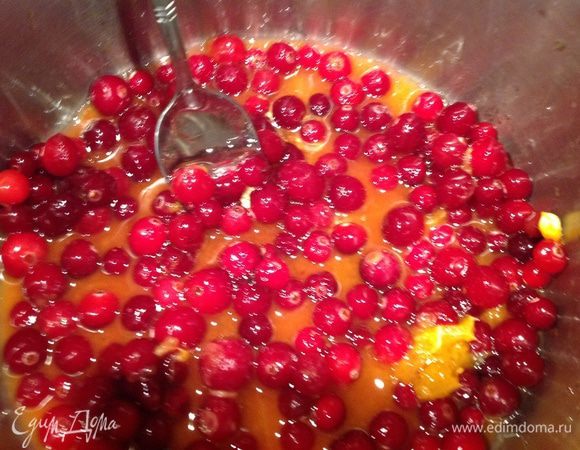 Пока индейка маринуется приготовьте соус: корень имбиря (кусочек примерно 1 см) мелко натрите, добавьте сок апельсина, мед, клюкву. Варите помешивая на медленном огне примерно 10 минут. Перед подачей соус охладите.