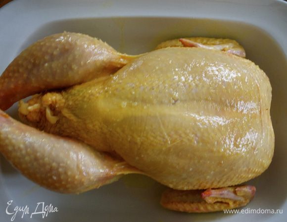 Положить курицу в огнеупорное блюдо, смазать ее оливковым маслом и посолить оставшейся солью, поперчить и поставить в разогретую духовку. Запекать до готовности! Время от времени поливать курицу выделяющимся соком. Время готовности курицы зависит от ее размеров. Поэтому советую Вам ориентироваться самостоятельно. Важно помнить, что птицу следует готовить очень тщательно, чтобы уничтожить в процессе готовки все возможные бактерии. Чтобы убедиться в готовности жареной курицы, проткните самую толстую часть куриного бедра чистой шпажкой (кончиком ножа). Если вытекающий сок прозрачен, курица готова. Если он чуть розовый, курица сырая.  