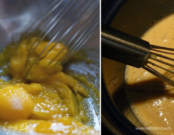 Желтки взбиваем с 100 г сахара. Нагреваем кремовый ликер и тоненькой струйкой вливаем в желтки. Затем отправляем крем на водяную баню и увариваем до загустения. Желатин (30 г) замочить со 100 г сахара и 150 мл воды на 10 минут. Отправить на плиту и прогреть до полного растворения сахара.