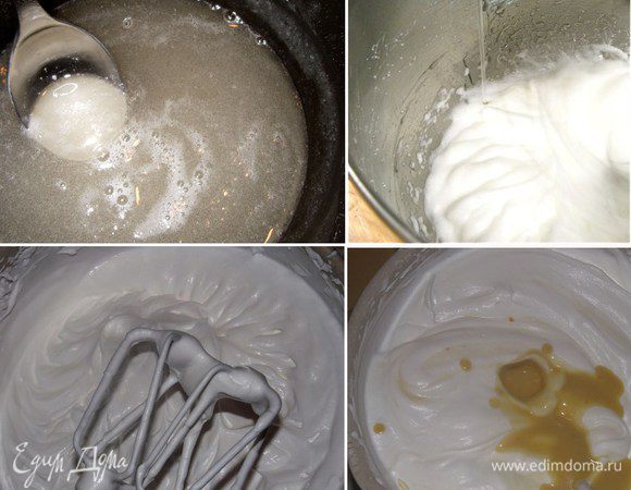 300 мл сливок взбиваем до устойчивых пиков, постепенно добавляя 50 г сахара. Белки взбиваем в крепкую пену. Желатин отправляем на плиту, добавляем оставшуюся часть сахара и прогреваем, но не кипятим. Затем тоненькой струйкой, продолжая взбивать белки, вливаем желатиновую массу. Белки станут гладкими и блестящими. Затем в сливки аккуратно вводим полностью остывший желтковый крем, ванильную эссенцию и взбитые белки.