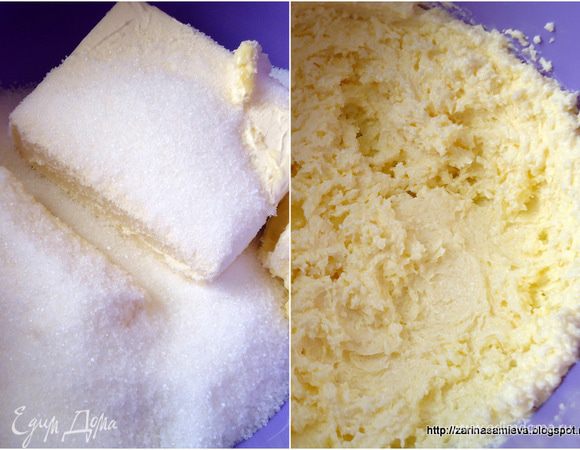 Мягкое масло взбить с сахаром, до пышного состояния. 