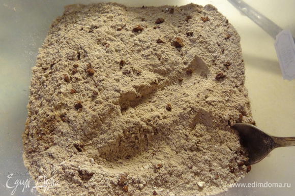 Отдельно смешаем сухие ингредиенты: муку, какао, разрыхлитель и ванильный сахар.