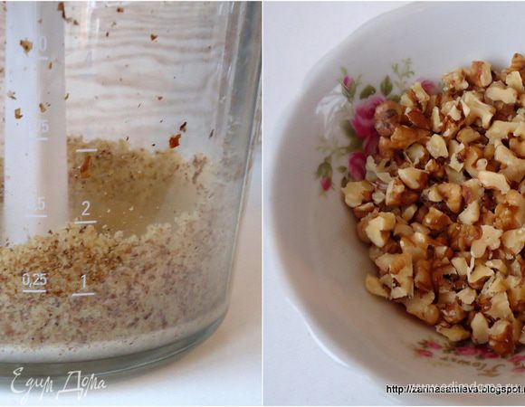 80 грамм орехов измельчить почти в муку, остальные 50 грамм порубить.
