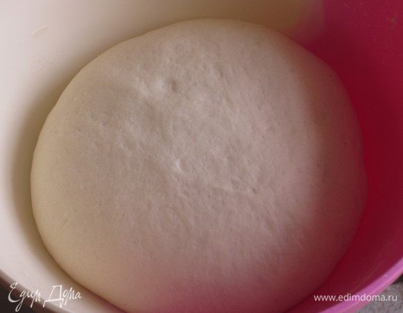 Сформировать шар, положить в миску, смазанную оливковым маслом, накрыть пищевой плёнкой и поставить на расстойку в тёплое место на 2 часа (до увеличения объёма теста вдвое).