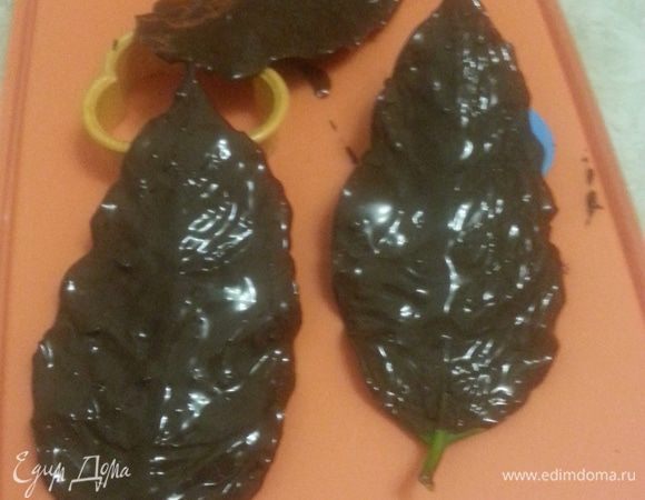 не так давно увидела украшение из шоколадных листьев и решила повторить. Необходимо взять несколько листиков (не ядовитого растения!!!), хорошо промыть и полностью высушить. Я взяла листья "Кофе Арабика" (хоть как то кофе будет присутствовать в десерте). Наносим кисточкой на нижнею сторону листа растопленный шоколад (растапливала на водяной бане). Процедуру можно повторить. Я оставила высыхать до утра.