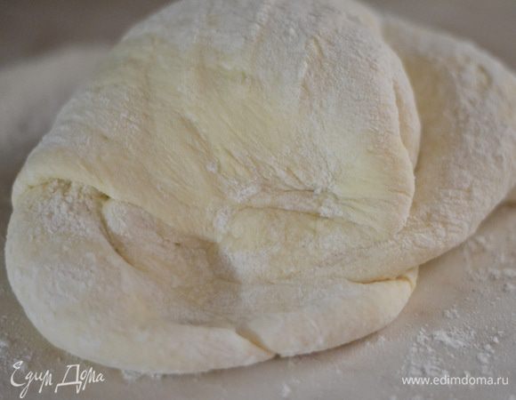 Выложить тесто на присыпанное мукой рабочее место и немного замесить его.