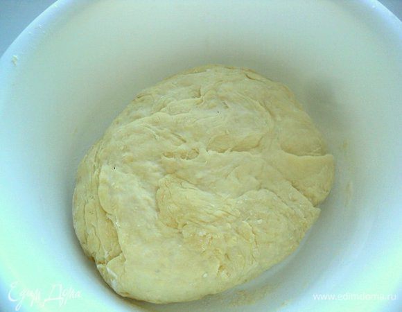 В теплую воду добавить соль, сахар, сухие дрожжи, растительное масло, муку и замесить тесто.