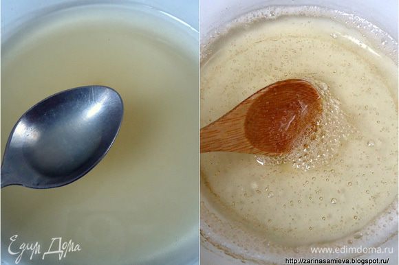 Для глазури, в кастрюльке смешать сахар и воду. Поставить на огонь, после закипания варить пять минут, на последней минуте добавить лимонный сок.