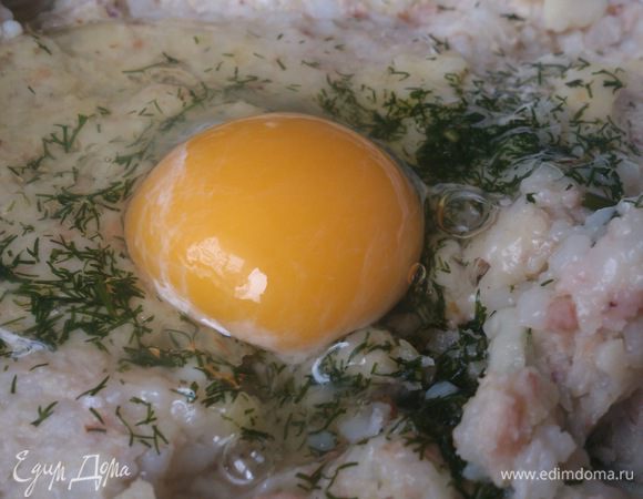 Вбить яйцо, посолить, поперчить, добавить измельченный укроп. Все хорошо вымешать.