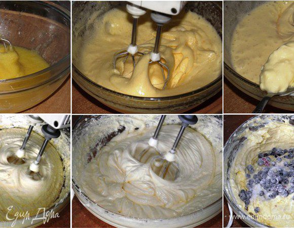 Взбейте яйца с сахаром в пышный крем. Сливочное масло слегка прогреть в микроволновой печи до мягкого состояния. Постепенно добавляем масло по одной ложке к яичной массе и продолжаем взбивать до однородности. Затем вводим небольшими порциями просеянную муку(смешанную с разрыхлителем), постепенно взбивая миксером. Добавить шоколад, половину черники и аккуратно перемешать лопаткой, не повредив ягоды. Остальную часть ягод добавим сверху на тесто.