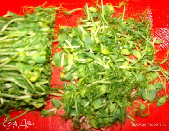 Я использовала ростки гороха, но только верхнюю часть, она нежная и очень декоративная.