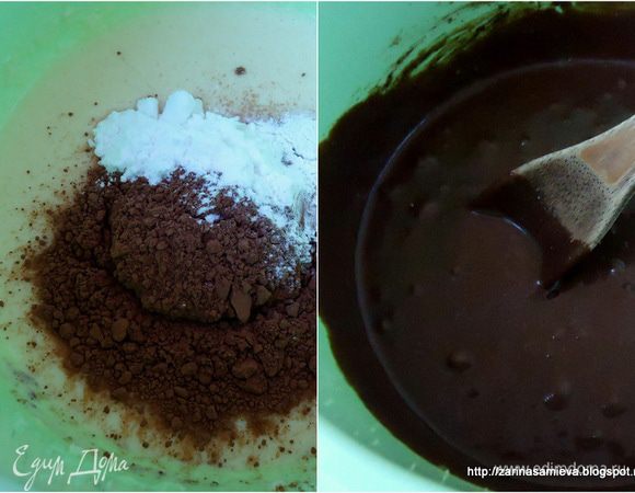 Далее добавить какао, крахмал, разрыхлитель и ванилин. Все хорошо перемешать.