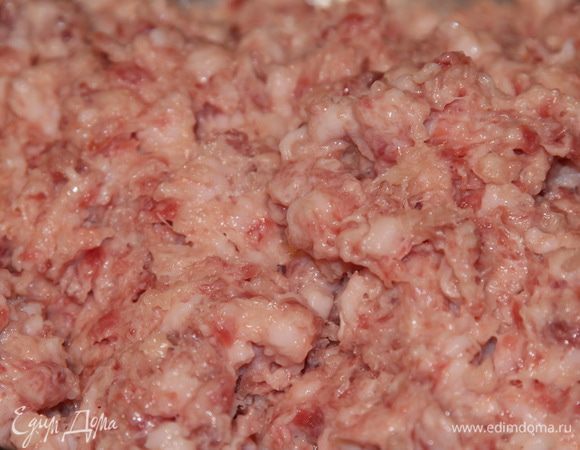 Добавила к фаршу все специи, натертый на мелкой терке чеснок и тщательно вымешала, до получения однородной массы.