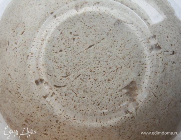 Тесто через 3 часа (вид снизу; стеклянная ёмкость удобна именно тем, что можно следить за процессом).