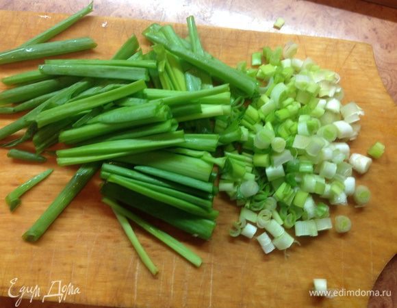 Зеленый лук порезать перьями.