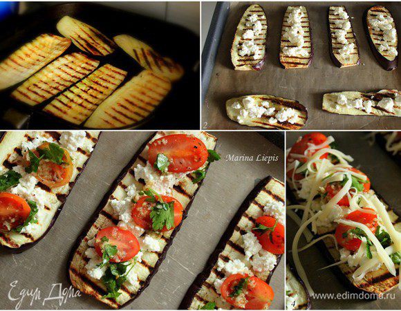 Баклажаны обсушить полотенцем, обжарить на сковороде грилль. Выложить на противень (на пергамент), разложить творог, помидоры с чесноком и зеленью, посыпать сыром.
